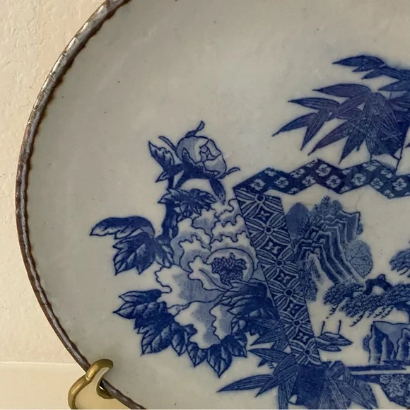 Antique Japanese Porcelain Igezara PlateFlow Blue Brown Scalloped Edge